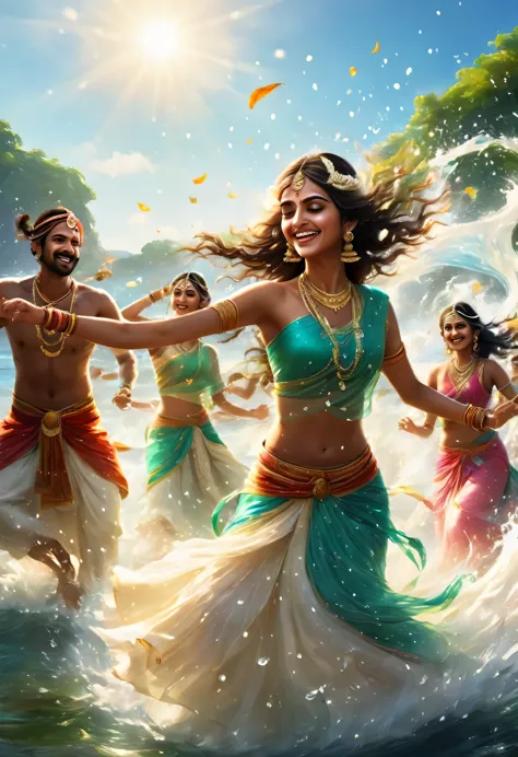 踊るIndian:100 people,indian movie style,sea background,dance in the shallows,splash of water,dancing water droplets,Looks like a ...