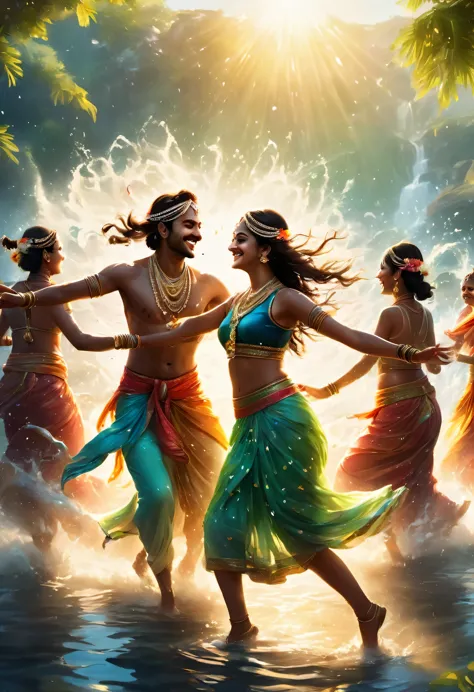 踊るIndian:100 people,indian movie style,sea background,dance in the shallows,splash of water,dancing water droplets,Looks like a ...