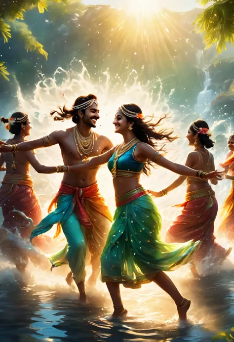 踊るindian:100 people,indian movie style,sea background,dance in the shallows,splash of water,dancing water droplets,looks like a ...