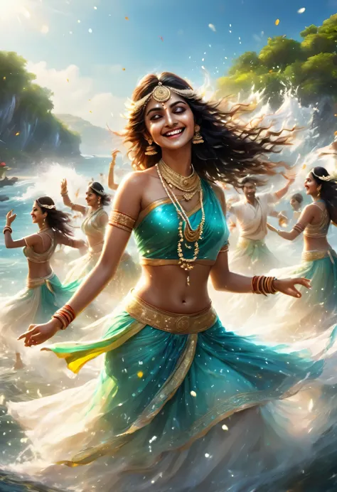 踊るIndian:100 people,indian movie style,sea background,dance in the shallows,splash of water,dancing water droplets,Looks like a ...