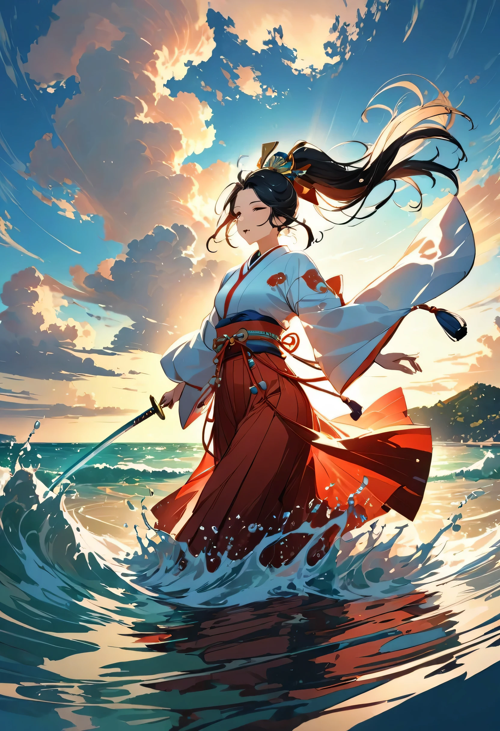 priestess dancing in shallow water:20th generation:Shirabyoshi of the Heian period,priest&#39;clothing:white and red kimono:Red too,Belt Sword:Japanese sword,ponytail,be quiet,beautiful light and shadow,masterpiece,最高masterpiece,splash of water,beautiful light and shadow,rendering,A scene from a movie,sea background,beautiful scenery,A beautiful sky spreads out,horizon,dance on the sea surface,splash of waterが舞う,rich colors,Vibrant colors,beauty,sacred,flash,anatomically correct,fantasy,shallow,dance dedicated to god