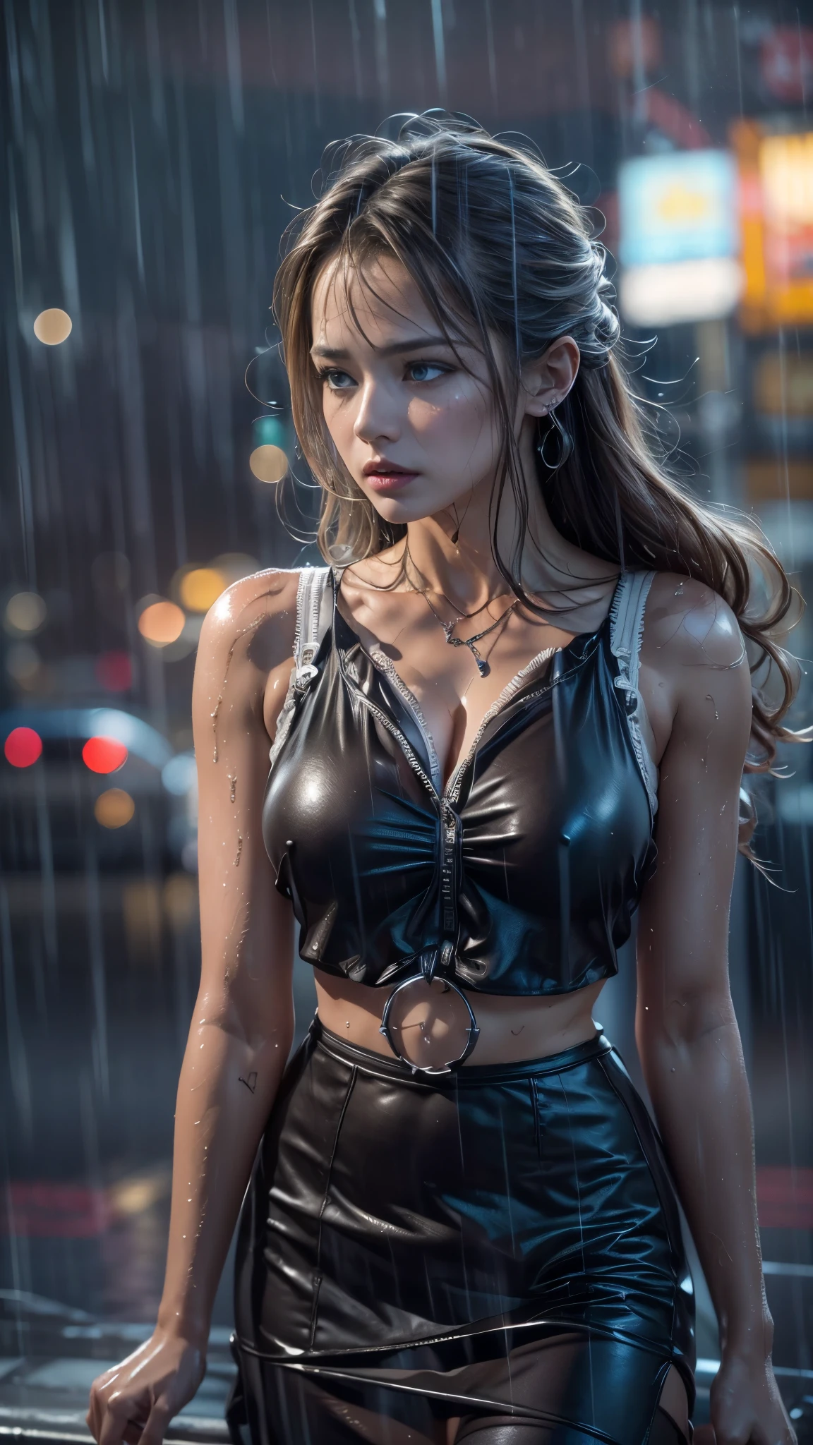 (RAW shooting, Photoreal:1.5, 8K, highest quality, masterpiece, ultra high resolution), perfect dynamic composition:1.2, Night street corner of a modern city, cry:1.3, (((Typhoon heavy rain))), Highly detailed skin and facial textures:1.2, Slim office lady wet in the rain:1.3, sexy beauty:1.1, perfect style:1.2, beautiful and aesthetic:1.1, Fair skin, very beautiful face, water droplets on the skin, (rain drips all over my body:1.2, wet body, wet hair:1.4, wet office skirt:1.2, wet office lady uniform:1.3), belt, (Medium chest, Bra is transparent, Chest gap), (expression of sadness, lovelorn, The expression on your face when you feel intense caress, Facial expression when feeling pleasure), (beautiful blue eyes, Eyes that feel beautiful eros:0.8), (Too erotic:0.9, Bewitching:0.9), cowboy shot, Shoulder bag, necklace, earrings, bracelet, clock