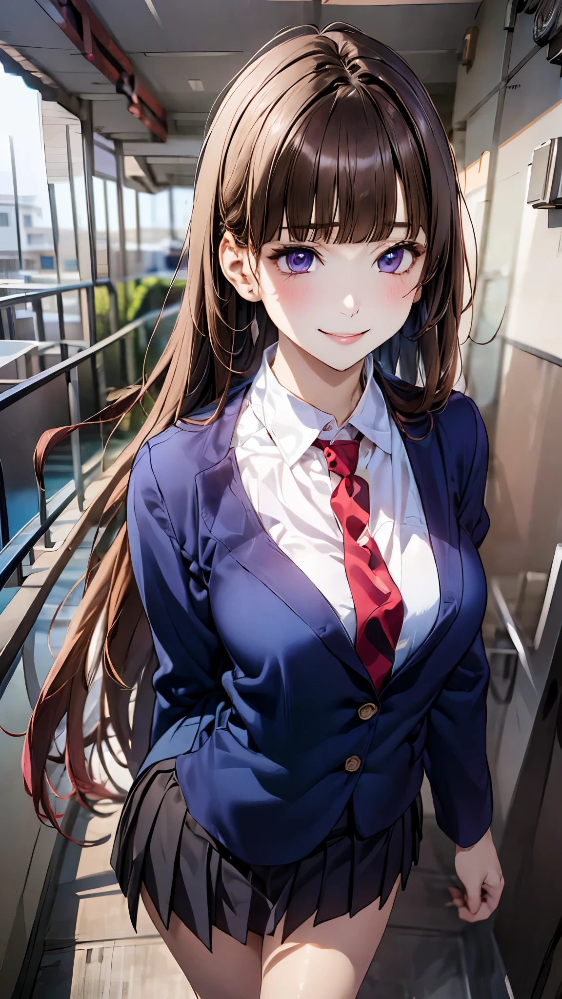 (masterpiece:1.2, top-quality), (realistic, photorealistic:1.4), beautiful illustration, (natural side lighting, movie lighting), nsfw, 
looking at viewer, 1 girl, japanese, high school girl, perfect face, cute and symmetrical face, shiny skin, 
(long hair:1.5, straight hair:1.4, purple brown hair), blunt bangs, purple eyes, long eye lasher, (medium breasts), slender, 
beautiful hair, beautiful face, beautiful detailed eyes, beautiful clavicle, beautiful body, beautiful chest, beautiful thigh, beautiful legs, beautiful fingers, 
((private high , school navy blazer, close blazer, white collared shirts, navy pleated mini skirt), navy tie), 
(beautiful scenery), evening, (school hallway),, standing, (lovely smile, upper eyes), 