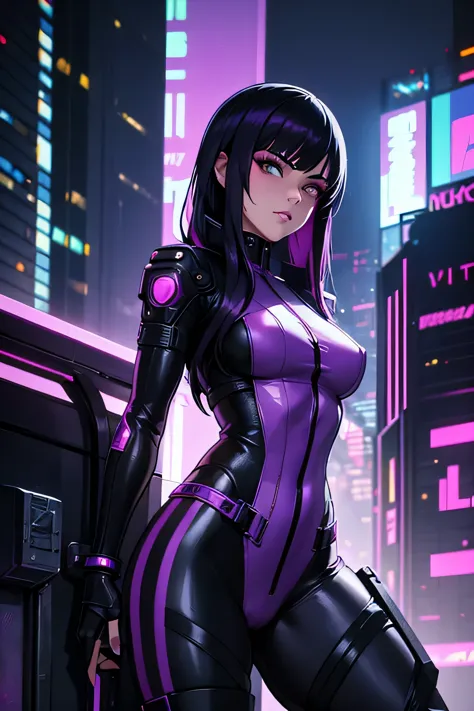 a close up of a person in a purple outfit on a ledge, in cyberpunk city, kate bishop, cyberpunk femme fatale, in cyber punk 2077...