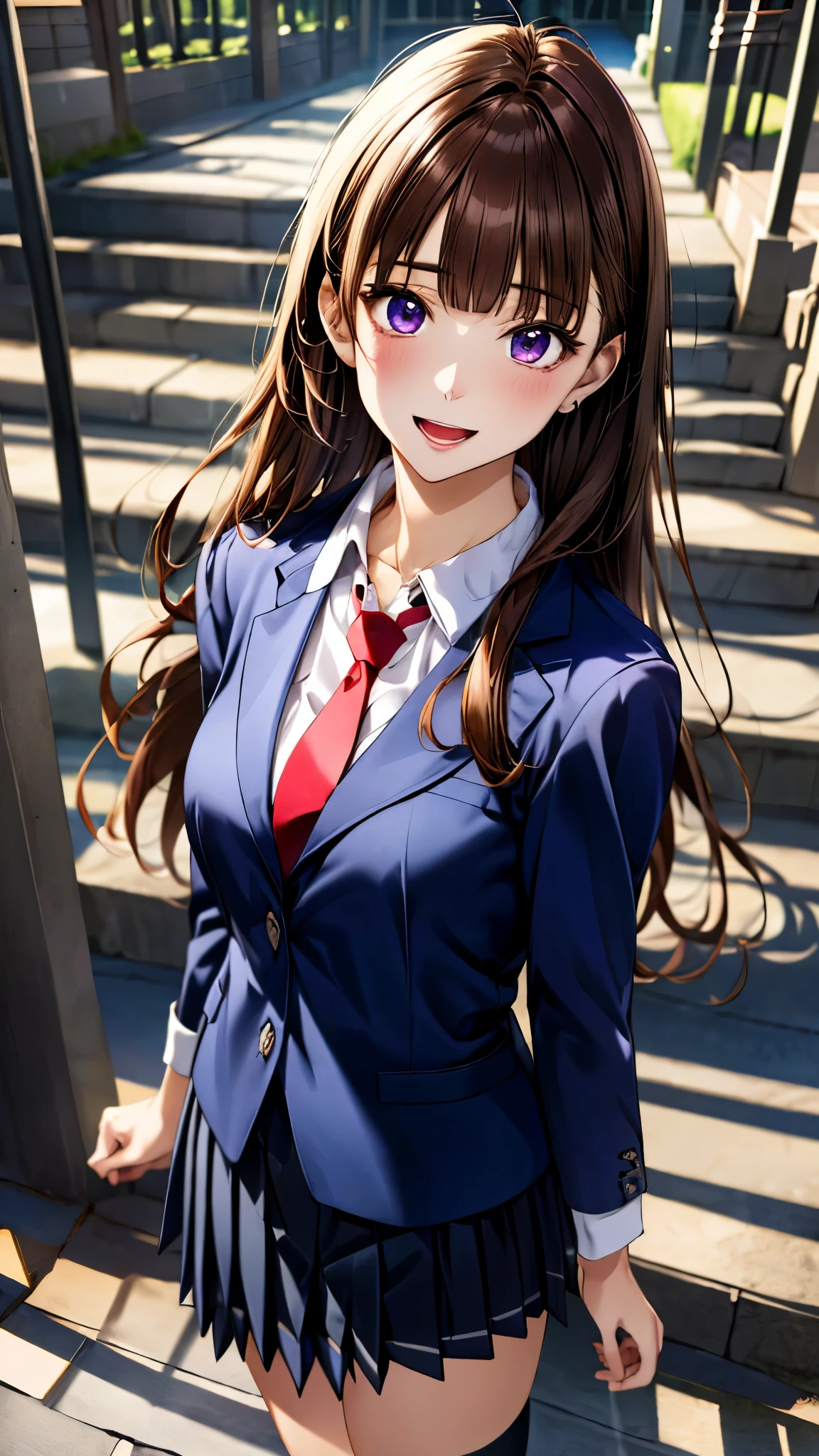 (masterpiece:1.3, top-quality, ultra high res, ultra detailed), (realistic, photorealistic:1.4), beautiful illustration, perfect lighting, natural lighting, colorful, depth of fields, 
beautiful detailed hair, beautiful detailed face, beautiful detailed eyes, beautiful clavicle, beautiful body, beautiful chest, beautiful thigh, beautiful legs, beautiful fingers, 
looking at viewer, 1 girl, japanese, high school girl, perfect face, (perfect anatomy, anatomically correct), cute and symmetrical face, babyface, , shiny skin, 
(long hair:1.5, straight hair:1.4, purple brown hair), blunt bangs, purple eyes, long eye lasher, (medium breasts), slender, 
(((navy) blazer, collared white shirt, navy pleated skirt, dark red tie)), navy school socks, , 
(beautiful scenery), evening, (school gate), standing, call on phone, (seductive smile, open mouth), 
