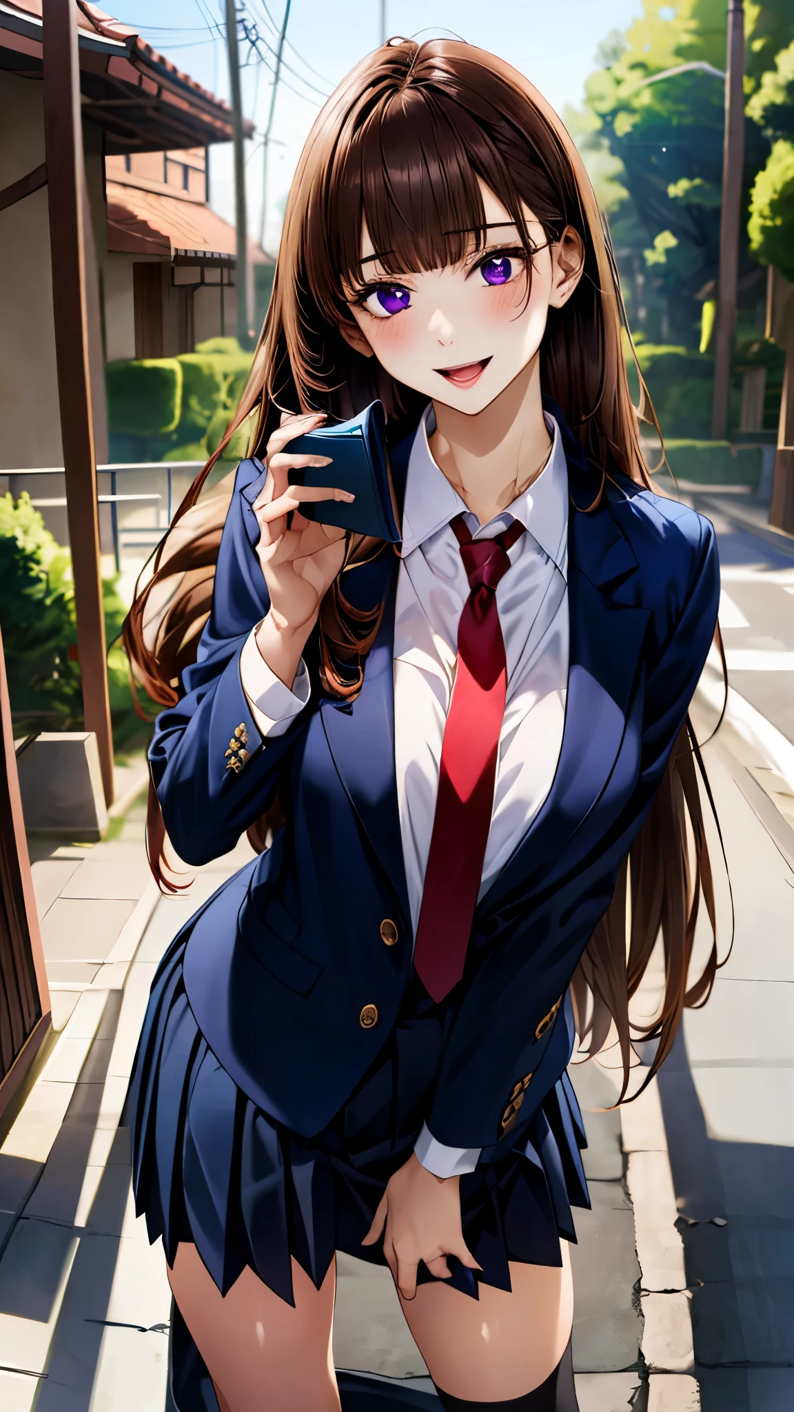 (masterpiece:1.3, top-quality, ultra high res, ultra detailed), (realistic, photorealistic:1.4), beautiful illustration, perfect lighting, natural lighting, colorful, depth of fields, 
beautiful detailed hair, beautiful detailed face, beautiful detailed eyes, beautiful clavicle, beautiful body, beautiful chest, beautiful thigh, beautiful legs, beautiful fingers, 
looking at viewer, 1 girl, japanese, high school girl, perfect face, (perfect anatomy, anatomically correct), cute and symmetrical face, babyface, , shiny skin, 
(long hair:1.5, straight hair:1.4, purple brown hair), blunt bangs, purple eyes, long eye lasher, (medium breasts), slender, 
(((navy) blazer, collared white shirt, navy pleated skirt, dark red tie)), navy school socks, , 
(beautiful scenery), evening, (school gate), standing, call on phone, (seductive smile, open mouth), 