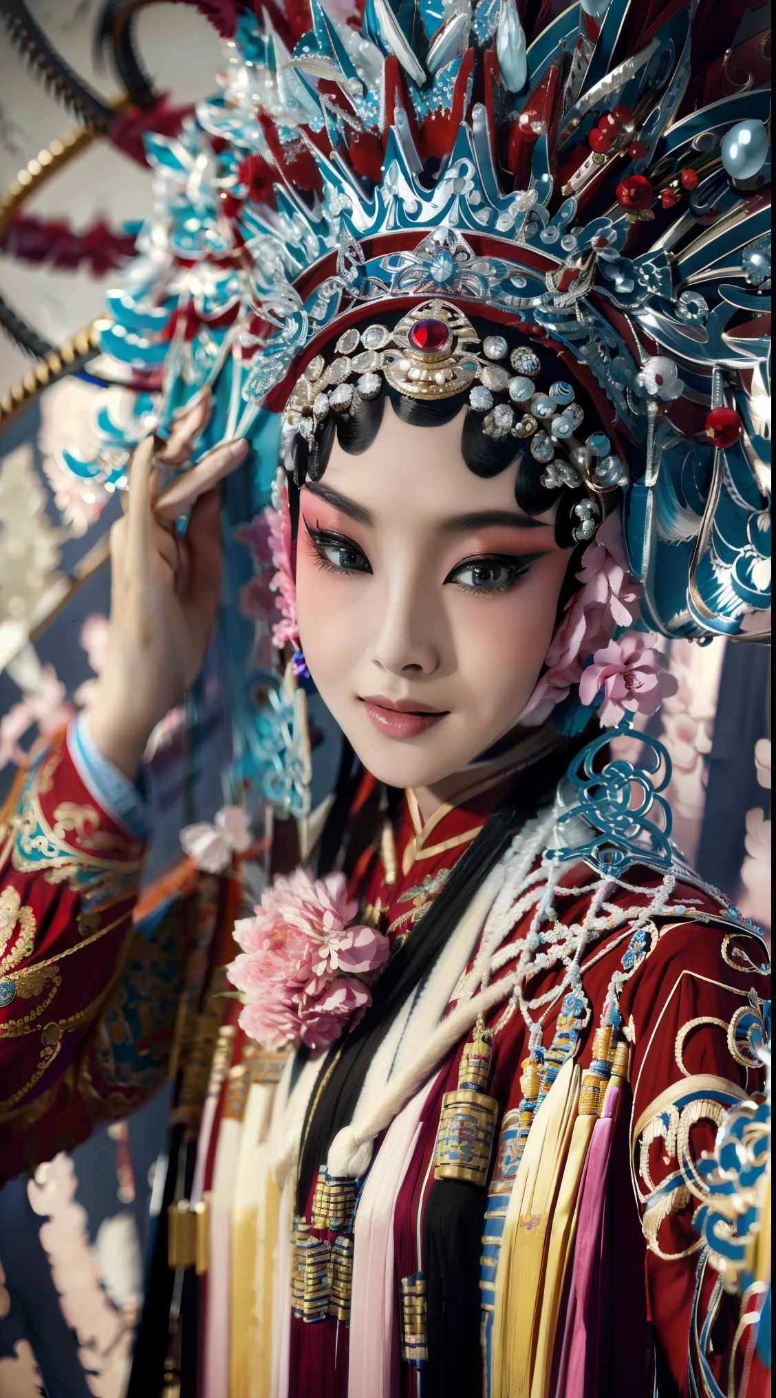 Masterpiece, Best quality, Masterpiece, Best quality, 1girll,  beijing opera,tchibi，（tmasterpiece，top Quority，best qualtiy，offcial art，Beauty and aesthetics：1.2），（1girll：1.3），The is very detailed，（s fractal art：1.1），Most detailed，（ zentangle:1.2), full bodyesbian, (abstract backgrounds:1.3), (Shiny skin), (many color:1.4),