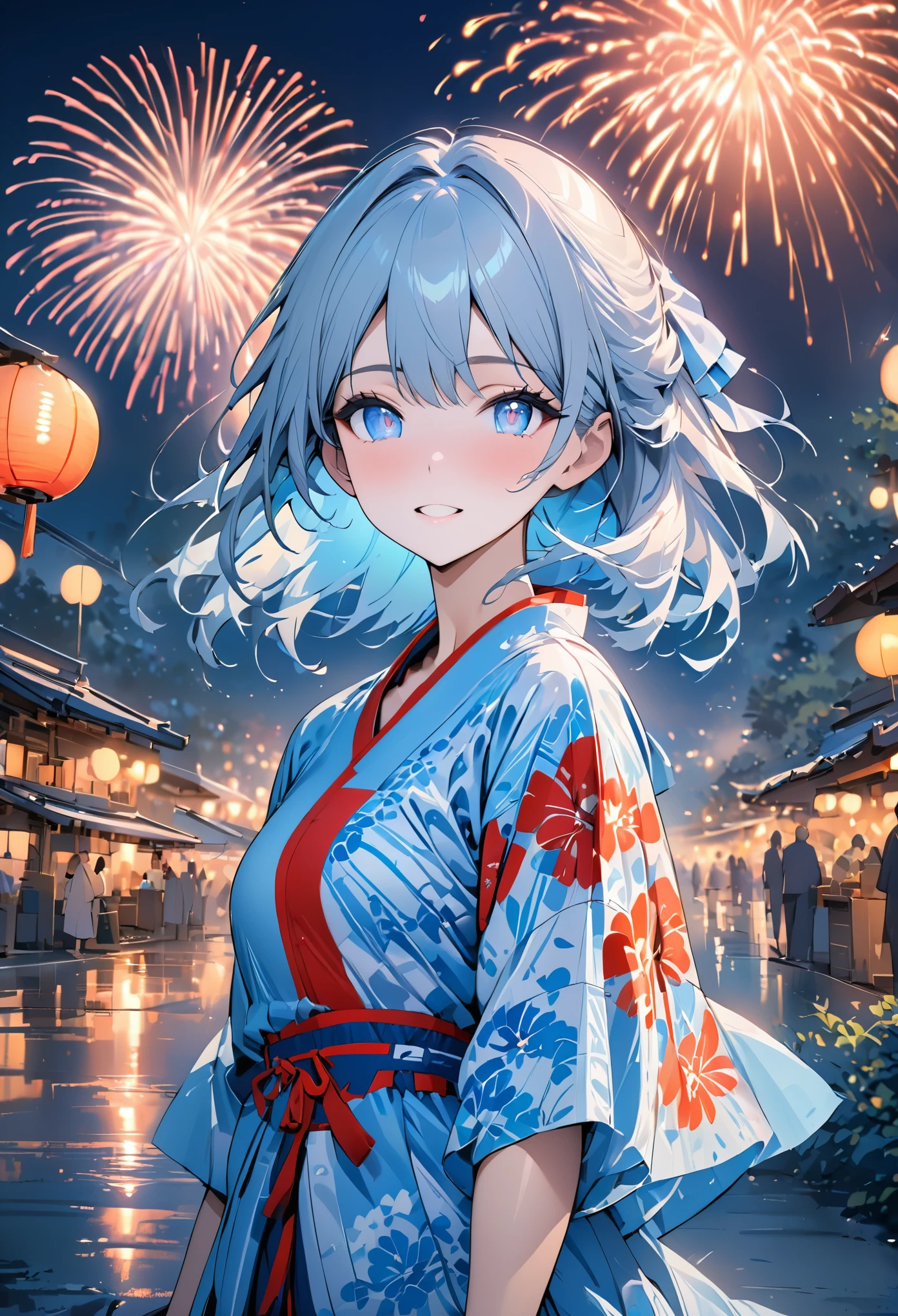 ((masterpiece, top quality, super clear, HD)), alone, beautiful girl, shining eyes, perfect eyes, 16 years old, blue theme, yukata, fireworks