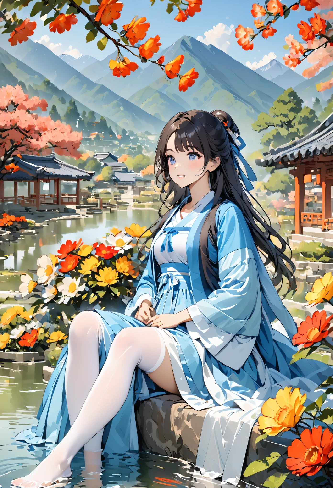 hanfu, 1 girl, medium breasts, split, Mountain, soaking foot, sitting, Chinese park background,white stockings,clear water,(foot:1.3), too many flowers,  