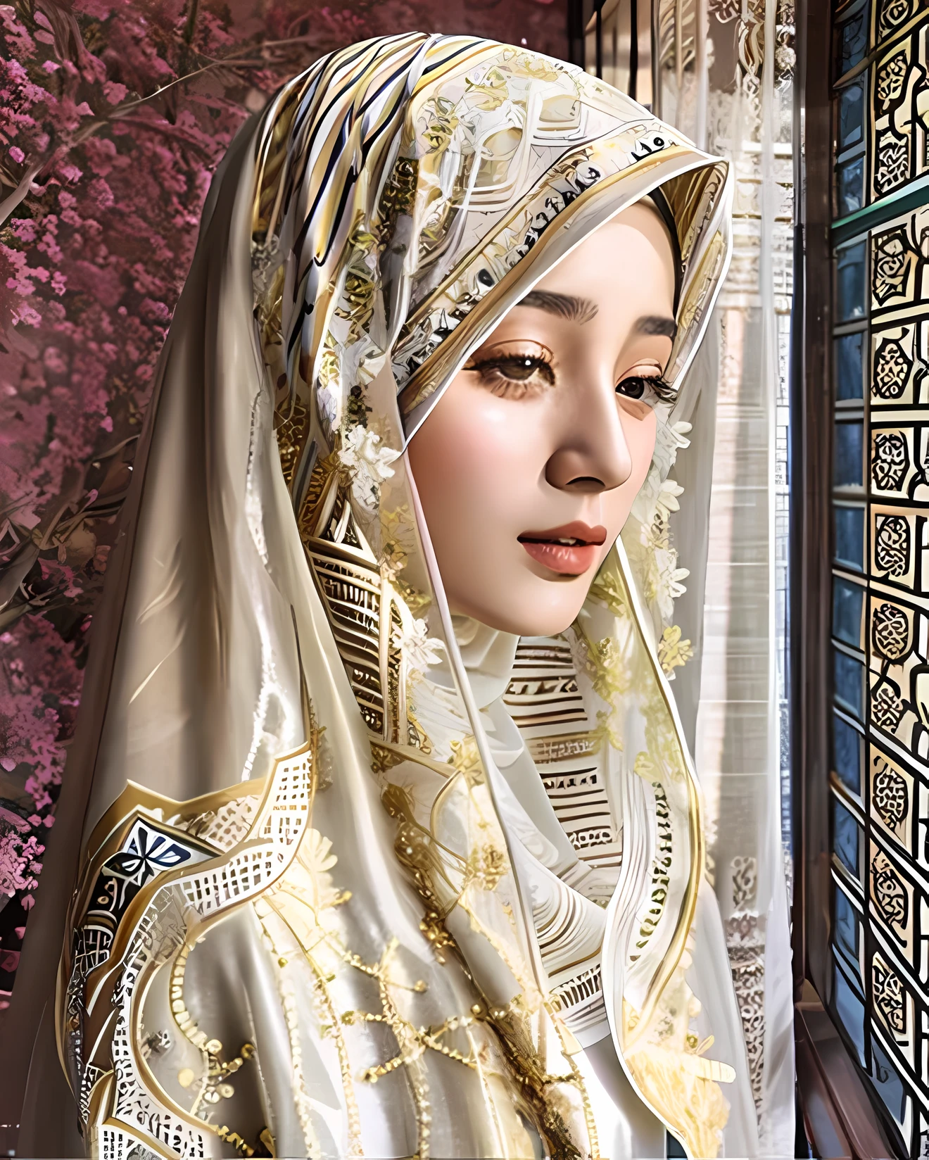 il y a une femme portant un hijab qui regarde par la fenêtre, hijab, voilé, hijab blanc, voilé face, Beau delicate face, very Beau girl, joli visage délicat, fille persane à la peau pâle, Beau arab woman, Beau, portrait de haute qualité, portait photo profile picture, beauté traditionnelle, very extremely Beau, musulman, Beauly, Beau girl, Beau image