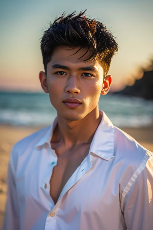 Realistic Photography, Handsome Young Thai Men ,big loose shirt ,beach , 16k resolution , ultra-high clarity , hyperrealism, uhd ,