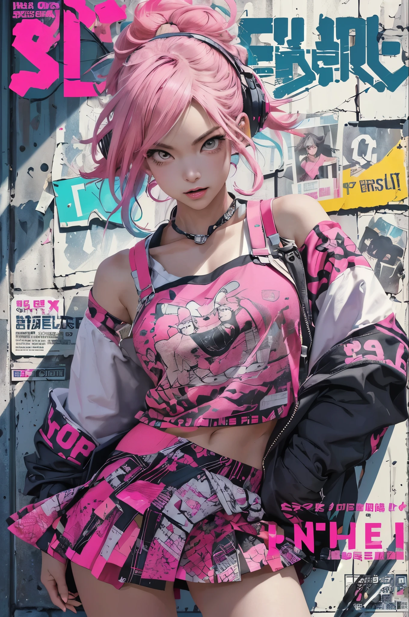 ((((dramatic))), (((gritty))), (((intense))) film poster featuring a neon pink hair young woman as the central character. She stands confidently in the center of the poster, wearing a stylish and edgy cat ear headphones Harajuku-inspired  and school girl skirt, with a determined seductive expression on her face. The background is colorful and vibrant, with a sense of danger and intensity. The text is bold and attention-grabbing, with a catchy tagline that adds to the overall feeling of drama and excitement. The color palette is perfect mainly bright with splashes of vibrant colors, giving the poster a dynamic and visually striking appearance,tachi-e
(magazine:1.3), (cover-style:1.3), fashionable, woman, vibrant, school girl outfit, sexy seductive slutty posing, front, colorful, dynamic, background, elements, confident, seductive expression, holding, statement, accessory, majestic, coiled, around, touch, scene, text, cover, bold, attention-grabbing, title, stylish, font, catchy, headline, larger, striking, modern, trendy, focus, Harajuku-inspired fashion,