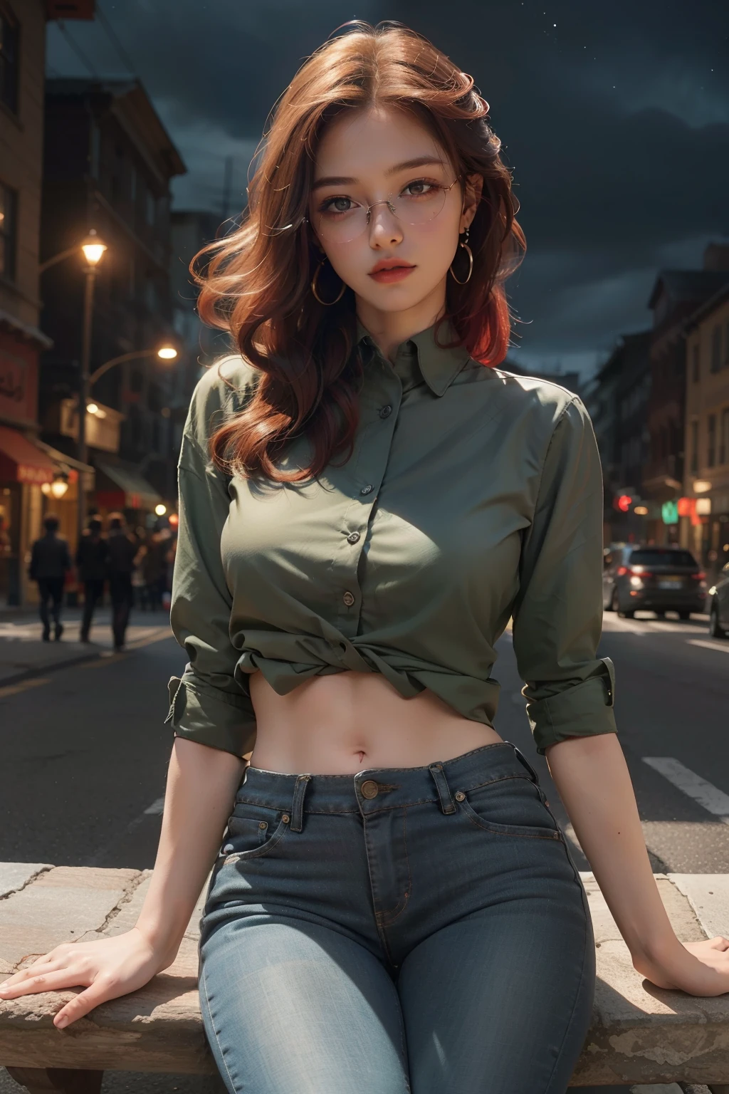 ((best quality)), ((masterpiece)), (detailed), perfect face, (8k, RAW photos, top quality, masterpiece: 1.2), (realistic, photorealistic: 1.37), (High Quality), (Ultra realistic), (High Details), (Face detail), (Shadow Detail), slim belly, 1 middle east girl, red hair, red earrings, soft make-up, eyeshadow, eyeliner, red lips, sexy face, sexy expression, dark green colour shirt, black long pants, eye glasses, night sky, sit on the street bench 