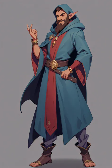 1boy, monster with DARK RED SKIN, pointed ears, broad nose, BEARD, wearing wizard robes, mstoconcept art, european and american cartoons, game character design, solo, BACKGROUND, GRAY BACKGROUND, WIZARD, FULL BODY, STANDING, SMILING, ROBE, HOOD, JEWELRY, B...