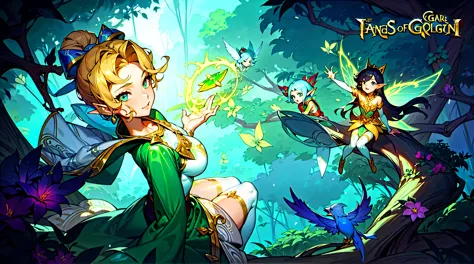 Cartoon picture of a woman and two children in the forest, Bronzed skin, League of Legends art style, Official splash art, From League of Legends, League of Legends style art, Elf, Elfs, Style ivan talavera and artgerm, guys, fairies, fantasy art style, za...