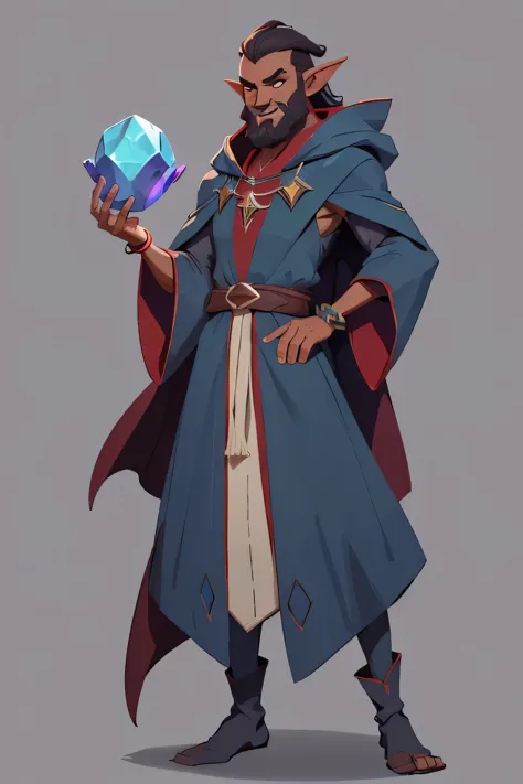 1boy, monster with DARK RED SKIN, pointed ears, broad nose, BEARD, wearing wizard robes, mstoconcept art, european and american cartoons, game character design, solo, BACKGROUND, GRAY BACKGROUND, WIZARD, FULL BODY, STANDING, SMILING, ROBE, HOOD, JEWELRY, B...