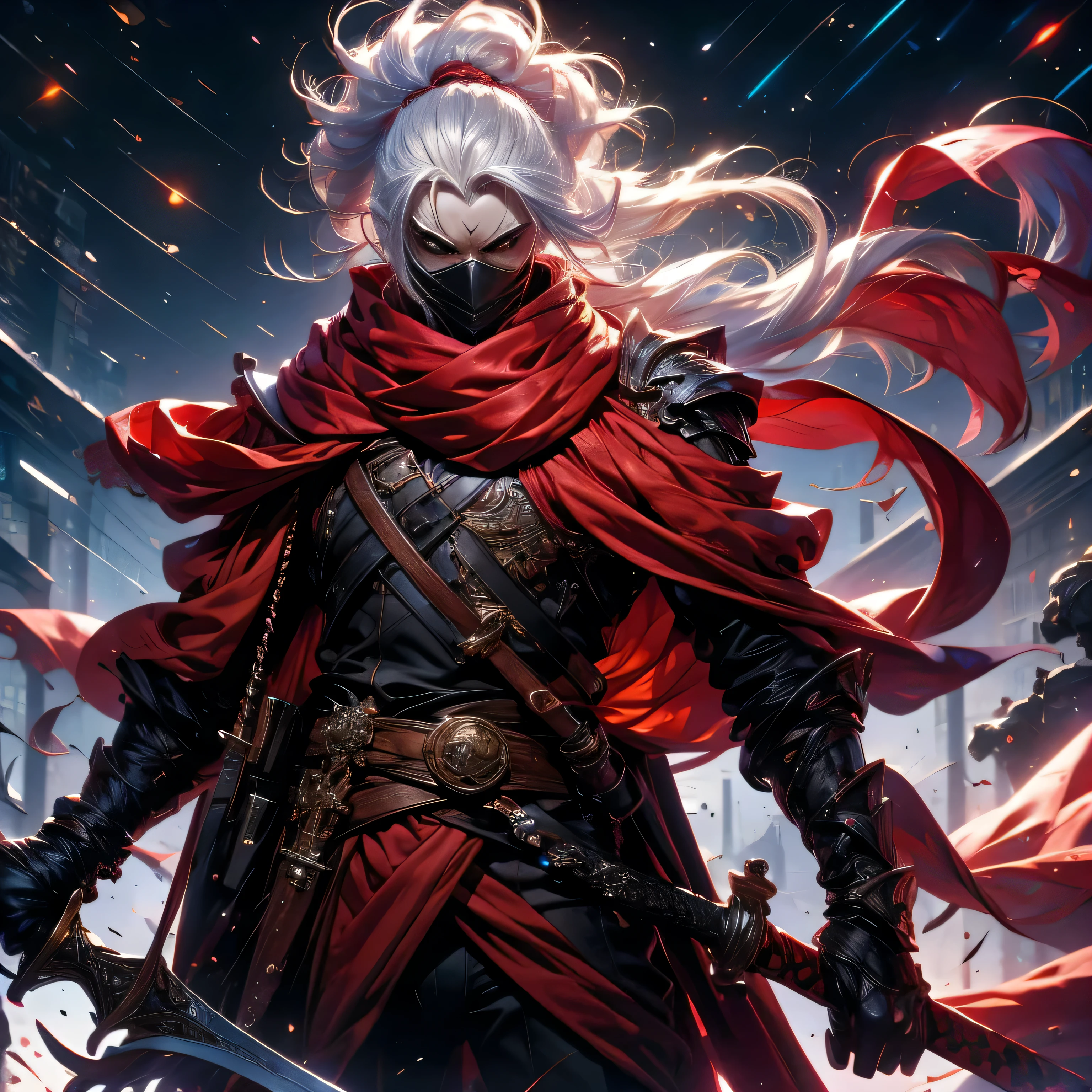 (absurdres, highres, ultra detailed), masterpiece, best quality, 1man, vibrant red outfit, holding two swords, white hair, sleeveless shirt, black mask and scarf, tattoo, from below, cowboy shot,