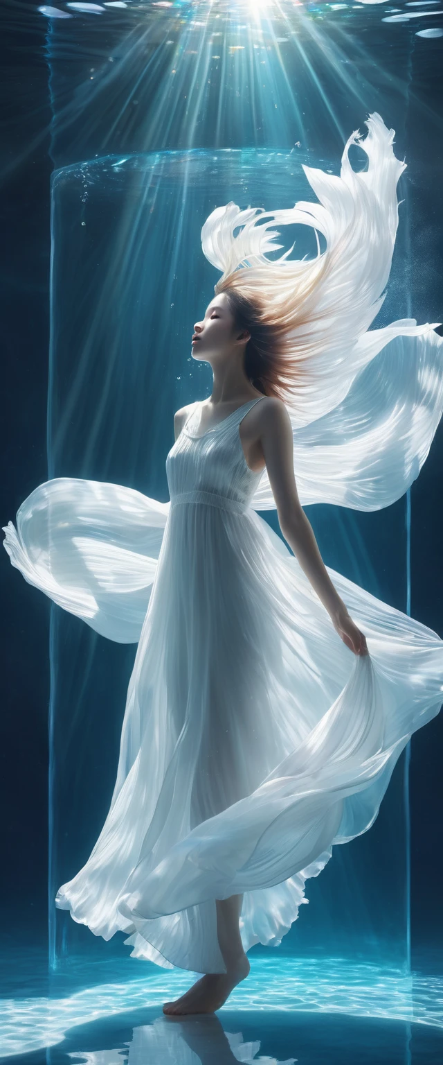 light blue and white details，Like a fantasy and surreal dream，Take us into forgotten time and space。a pure white room，full of clear water，The bright sunshine shines in the room，Projects Iridescent water light，Crepuscular Ray，A barefoot girl in a white gauze dress dances towards the camera，There is a huge pure white transparent betta fish:1.2，Large fins spread into smoke.Their colors and gestures add a beautiful touch to nature. super detailed.,clear pattern,beautiful,artwork,masterpiece,Realistically crafted by masters、Highly detailed digital art，fantasy art behavior，In a surreal and spectacular scene，Shining with the magic of fusion。This is a stunning picture，It&#39;s like we&#39;re in a mysterious world。