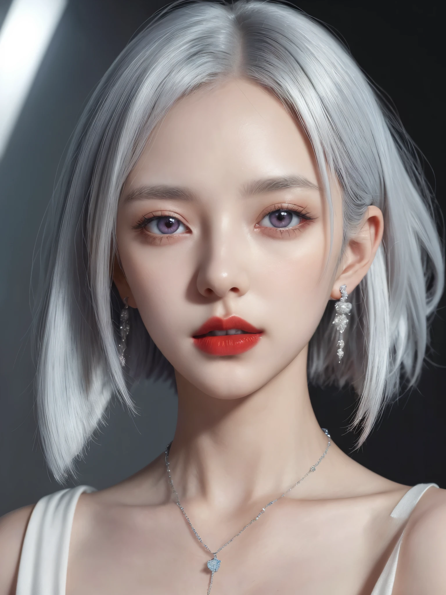 cool,1 girl,jewelry,colorful hair,silver hair,white hair,alone,necklace,short hair,Upper body,earrings,red lips,look away,bare shoulders,look to the side,cosmetic,lipstick,, best quality , masterpiece, illustration, extremely delicate and beautiful, Very detailed ,CG,Unite,8k wallpaper, Astonishing, fine details, masterpiece, best quality,official art,Very detailed CG Unite 8k wallpaper,Ridiculous, incredibly Ridiculous, File size is huge , Super detailed, high resolution, Very detailed,Beautiful and delicate girl, Very detailed eyes and face, Beautiful and delicate eyes,There is light on the face,