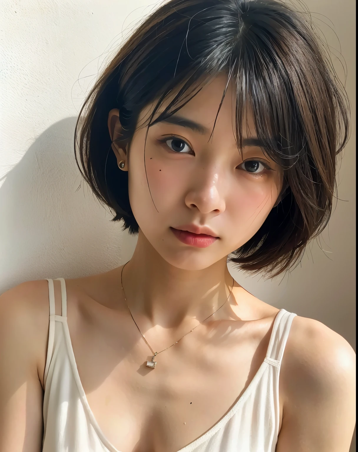 (very realistic photo, concentrated、High resolution, detailed face, fine eyes), ((Taken in front of a white wall))、japanese woman, 20-year-old, various expressions, Upper body、alone:1, slim body shape, various hairstyles,black sheer tops、Only one person is in the photo、Photographed in natural light、simple necklace、bob hair、shortcut、looking at the camera