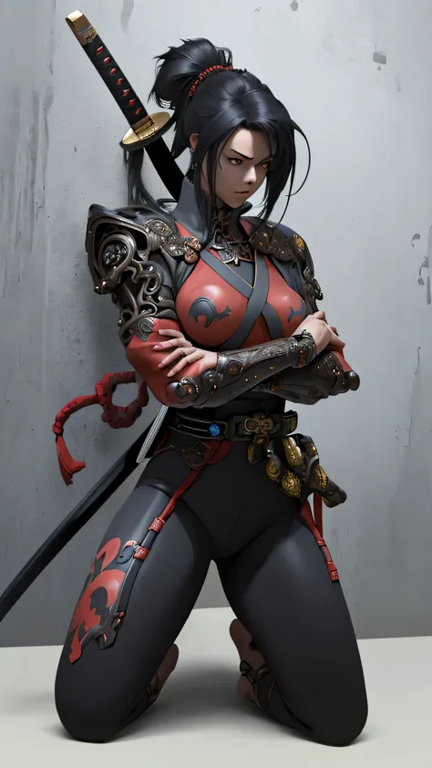 a woman kneeling down with a sword in her hand,very beautiful cyberpunk samurai,she is holding a katana sword,unsheathing her ka...