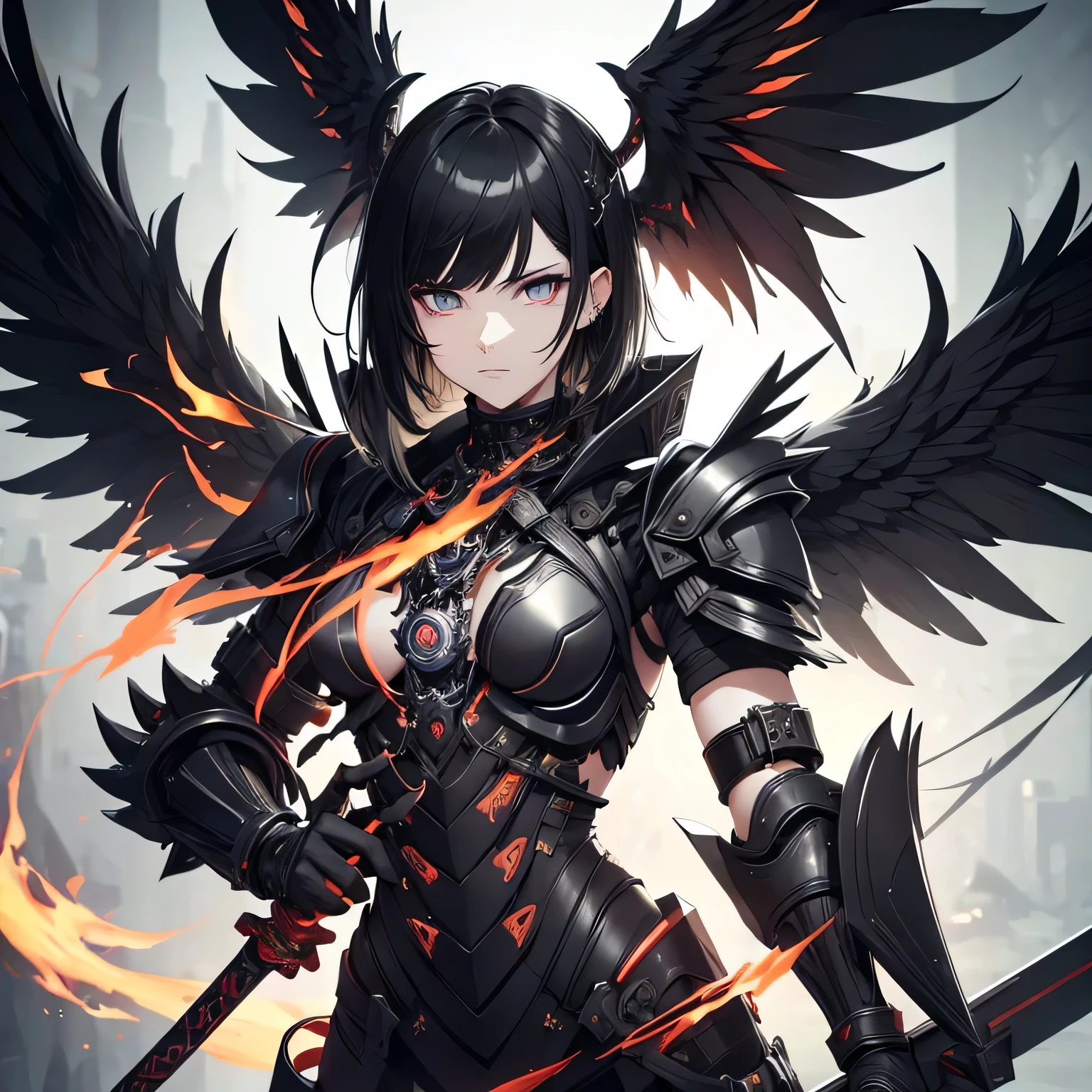 Fallen Angel,male people,ember,Short black hair,large black wings on the back,cool expression,Glaring,Holding a large sword with flame effect in his left hand,Black Armor,full body Esbian,Bold poses,high-level image quality,hight resolution,8K,Fantasia,piercings,Plenty of detail,Final Quality,Fractal Art,​masterpiece,realisitic,