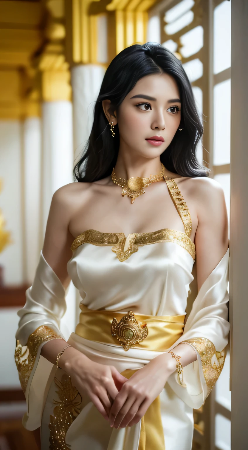 Photorealistic Production, (One Person), (Realistic Image of a 25 Years British Female Model), (Shoulder-level Wavy Black Hair:1.6), (Athletic Body Builds:1.4), (Pale Skin:1.4), (Wearing a White Ornated Balinese Kebaya Dress with Silk Cloth and Golden Jeweleries:1.6), (Serious Face), (Deep Cleavage), (Elegant Pose:1.6), Centered, (Waist-up Shot:1.4), From Front Shot, Insane Details, Intricate Face Detail, Intricate Hand Details, Cinematic Shot and Lighting, Realistic Colors, Masterpiece, Sharp Focus, Ultra Detailed, Taken with DSLR camera, Realistic Photography, Depth of Field, Incredibly Realistic Environment and Scene, Master Composition and Cinematography