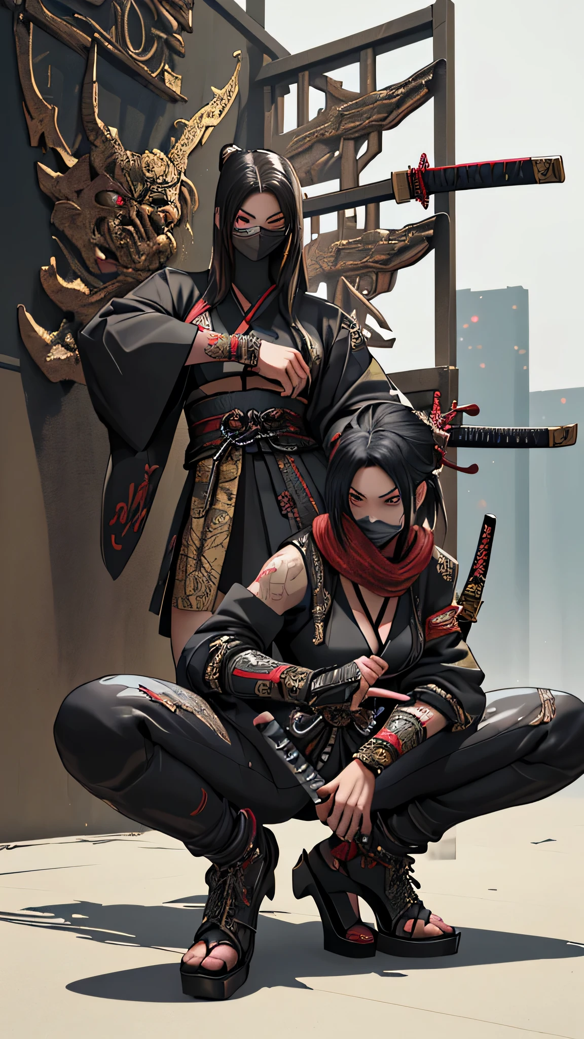 A woman (sitting on one knee) with a sword in her hand, very beautiful cyberpunk samurai, she is holding a katana, pulling the katana out of the sheath, she is holding a katana sword, wearing a mask Korean style ornate in the back, Realistic 3 d anime style, fantasy anime artwork, cgsociety 9, fantasy anime artwork 2. 5 d cgi, realistic 3 d anime Te. Beautiful posture. play the role of an assassin.