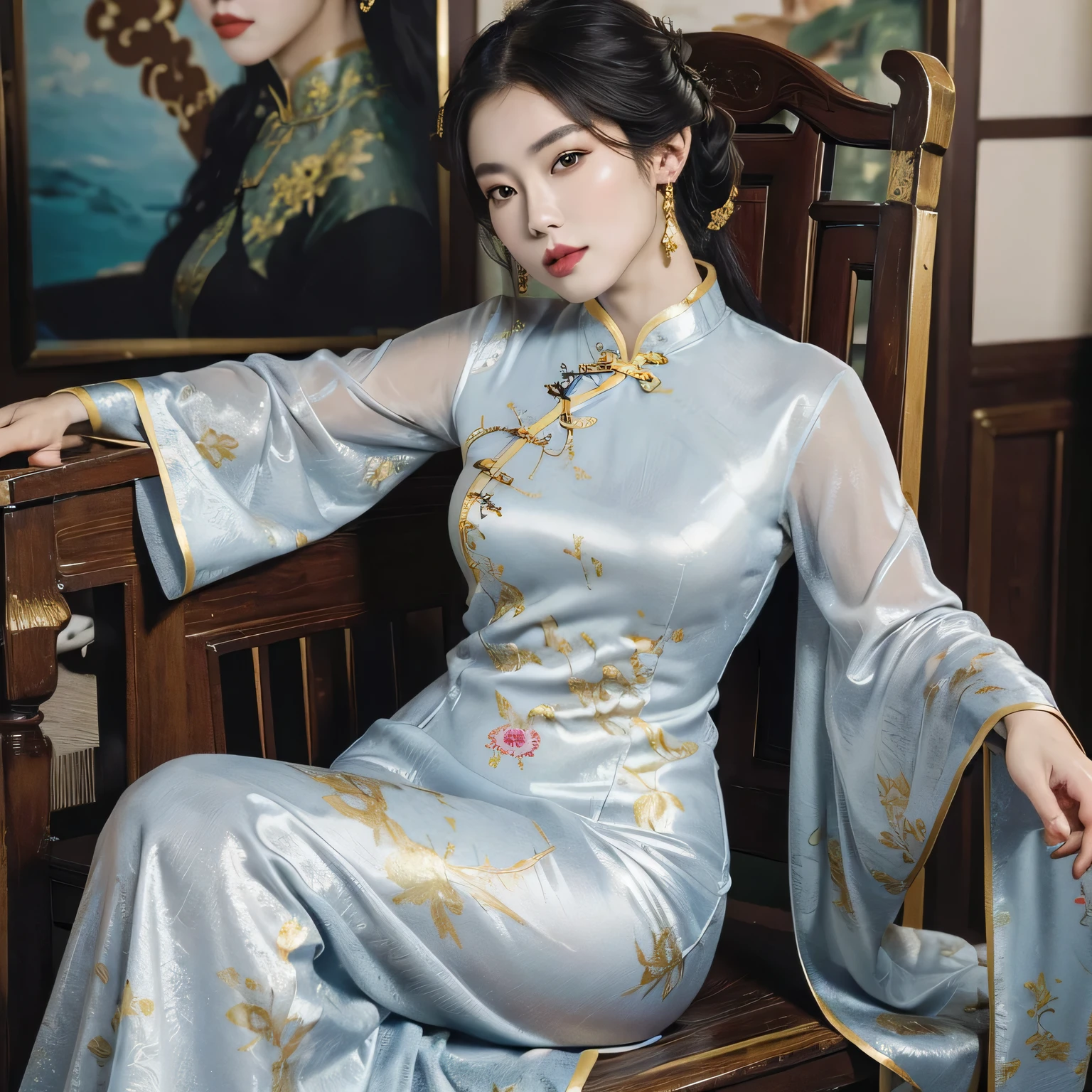 oil painting&#39;huile \\ (Detailed cheongsam, porter un cheongsam, of the highest quality, best quality, Art officiel, Belle gourmandise, belle femme, Femme de 27 ans: 1.2) Put your arms back , Belle femme chinoise ,visage magnifique, aguicheuse, assise, white and gold cheongsam, Cheveux longs
