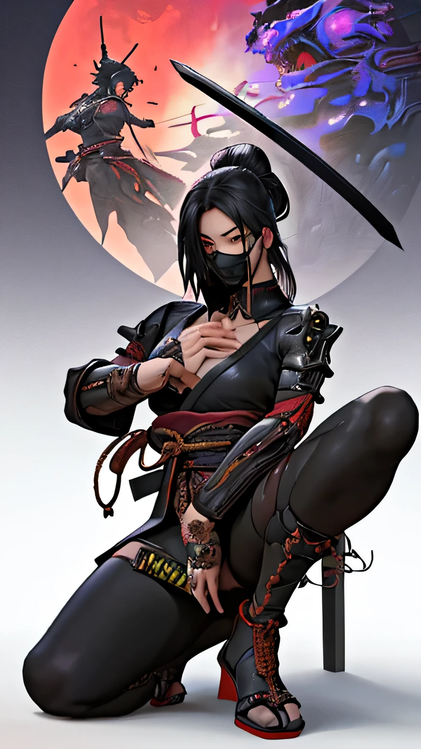 A woman (sitting on one knee) with a sword in her hand, very beautiful cyberpunk samurai, she is holding a katana, pulling the katana out of the sheath, she is holding a katana sword, wearing a mask Korean style ornate in the back, Realistic 3 d anime style, fantasy anime artwork, cgsociety 9, fantasy anime artwork 2. 5 d cgi, realistic 3 d anime Te. Beautiful posture. play the role of an assassin.