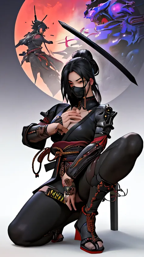 a woman (sitting on one knee) with a sword in her hand, very beautiful cyberpunk samurai, she is holding a katana, pulling the k...