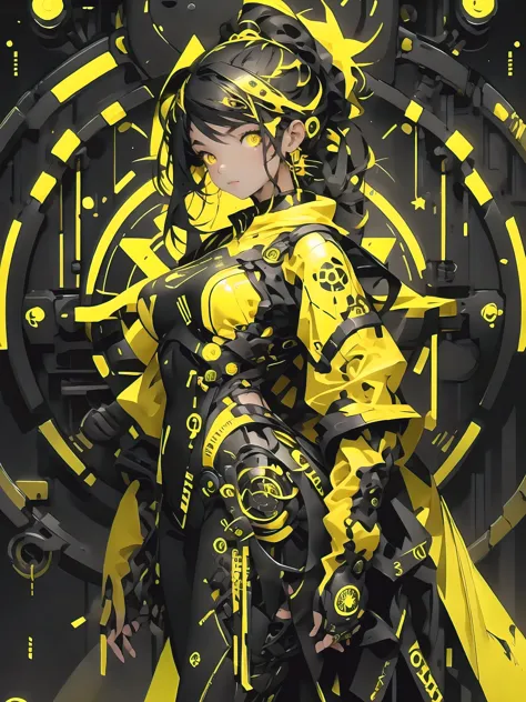1gothic girl with black and yellow techwear clothes, circles neon in background