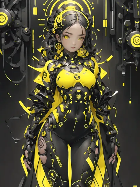 1gothic girl with black and yellow techwear clothes, circles neon in background