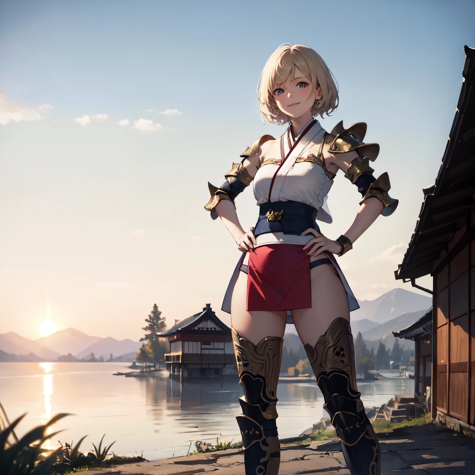 masterpiece, best quality, absurdres, perfect anatomy, 1girl, solo, Ashelia, short hair, blonde hair, (kunoichi), japanese armor, shoulder armor, standing, outdoors, japanese village, smile, confident stance, dynamic angle, hand on hips