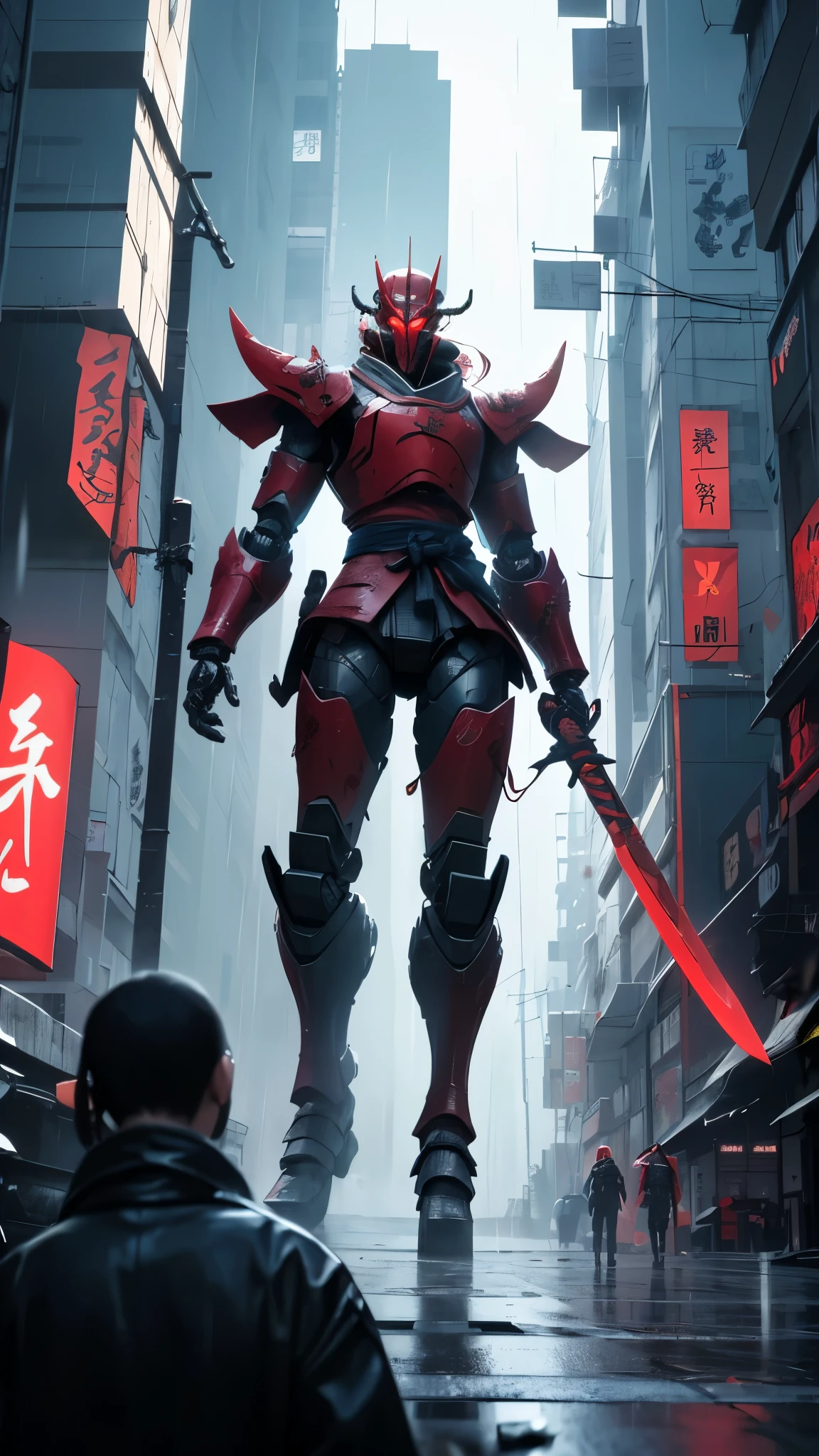 a Ninja standing in front of a demon with a sword,red oni mask, ninja scrolls, sekiro, akiyuki shinbou, japanese cgi, kubo and the two strings, 3d movie still, demon samurai.Ninja Cyborg walks.Beauty scene fantasy.cyberpunk robot. Super robot.red.blade.realistic.lolita. Rain falls.
