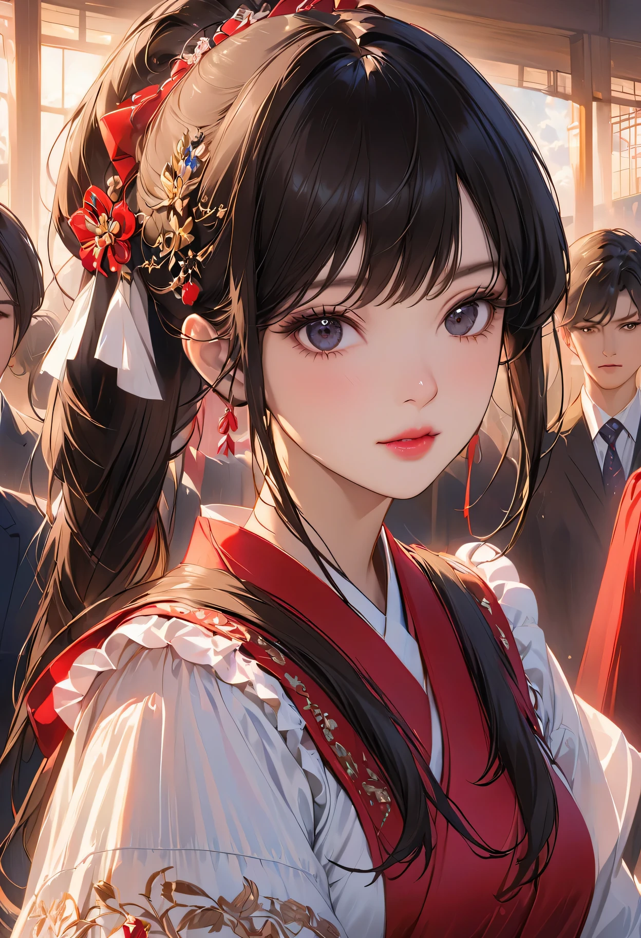 best quality, (lifelike:1.2), 1 girl, alone, Detailed face, Face focus, eternal, black hair,(hair accessories:1.35),female office worker, Bow sleeves, separate sleeves, ribbon trim, wide sleeves, (looking at the audience:1.5) long hair, black eyes, Bangs, lips,