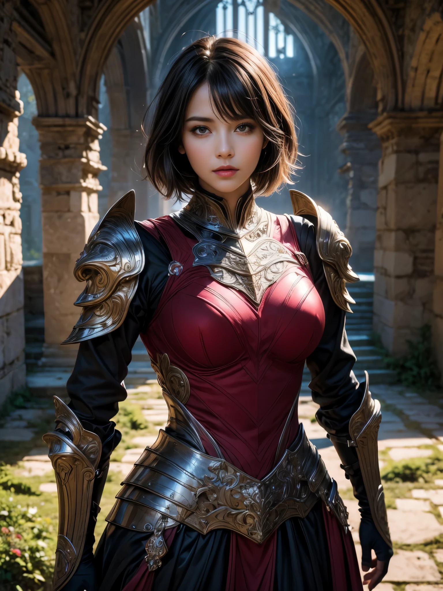 (((Best Quality))), ((Ultra-detailed)), (extremely detailed photo), ((extremely delicate and beautiful)),(Cute delicate face), ((masterpiece)), perfect anatomy, intricate, (highly detailed), masterpiece, photorealistic, (A tall and 38 years old cool girl),(burgundy and black armor:1.3), ((Castle Ruins)) ,(upper body),(holding glowing sword),alone,(black hair and short hair), looking at viewer, double eyelid,delicate skin,slender body shape,dynamic pose