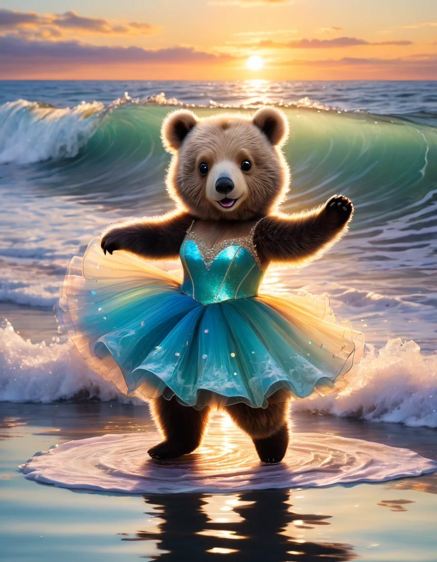 A little opera bear with her tutu ((dancing on the sea surface:1.8)), ((the waves represent the dance floor:1.7)), reflection of the sunset reflected in the ocean waves in the background