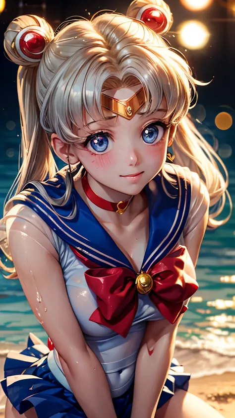 Sailor moon, ( upper body closeup shot ), ( Bokeh effect), stripping , shy, white bikini, wet clothes, see through, clevage, wet...
