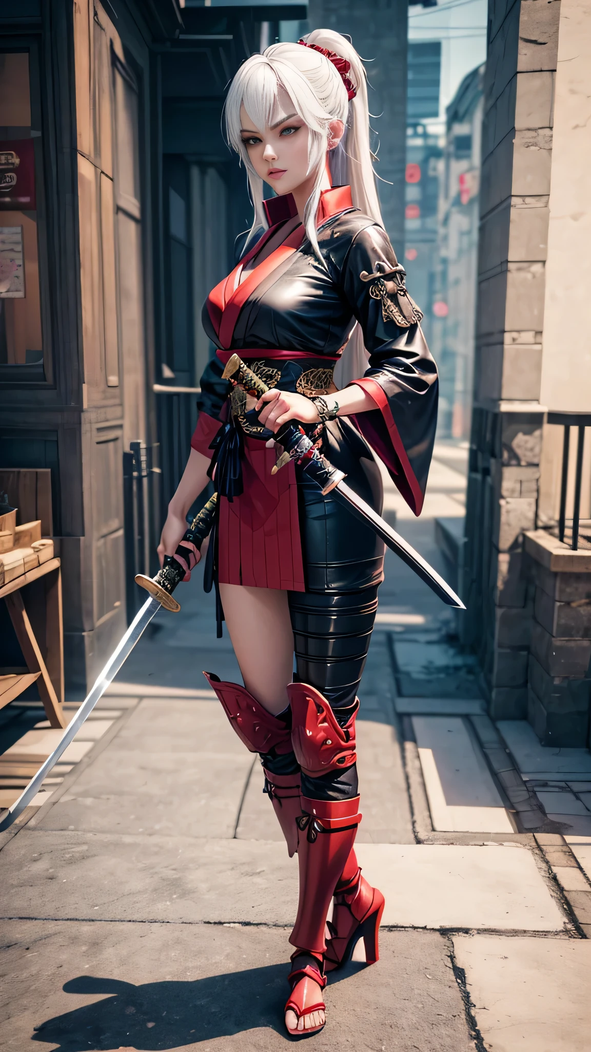 zwei sehr schöne Cyberpunk-Samurai-Frauen, Sie hält ein Katana-Schwert, das Katana ziehen, sie hält ein Schwert, äußerst kunstvoll dekorierte Han-Heimatstadt, Anime-Stil 3D realistisch, cgsociety Anime-Fantasie-Kunstwerk 9,2.5 Tage CGI, realistischer Anime 3D.redAssassin.weißes Haar.