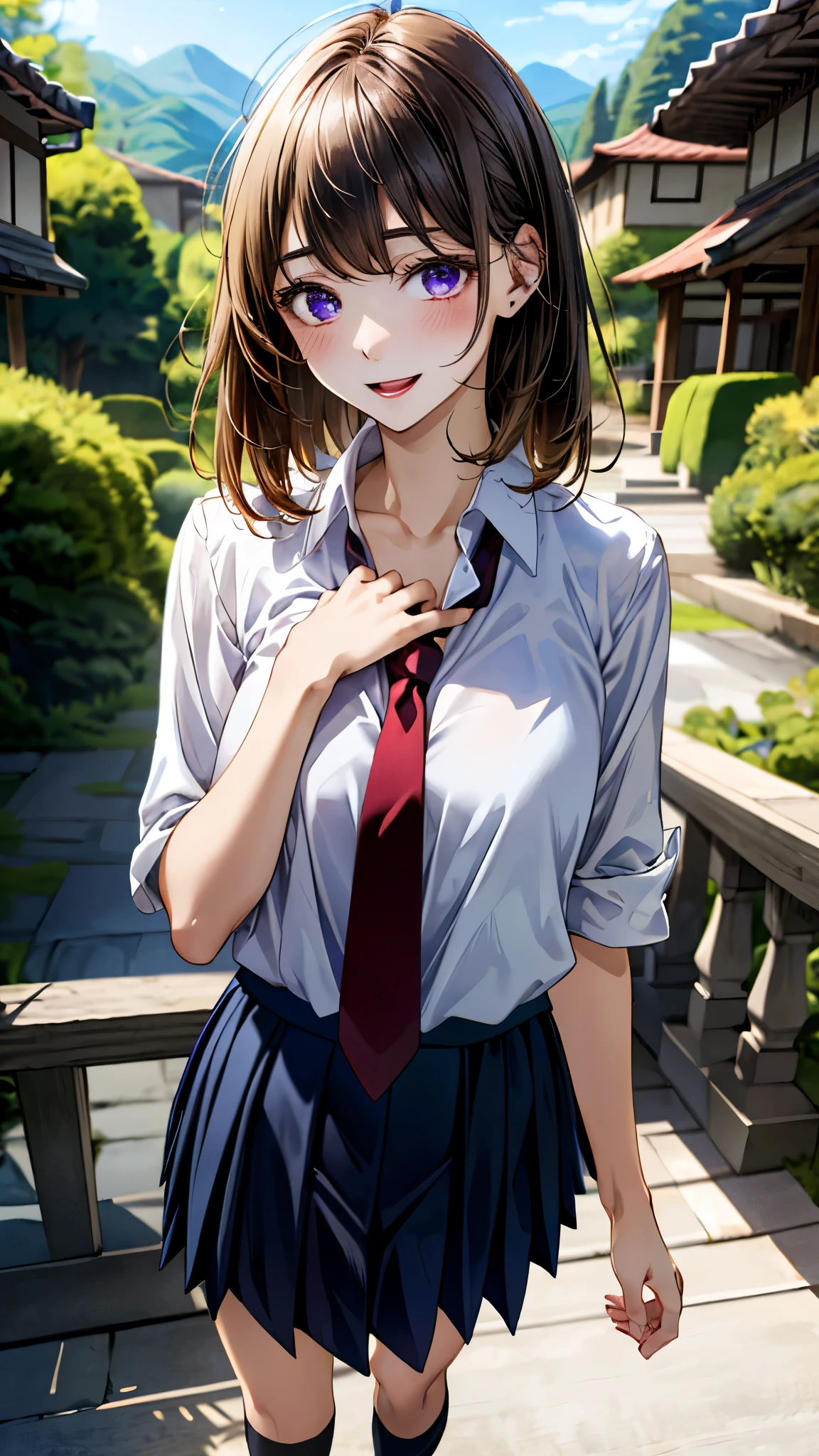 (masterpiece:1.3, top-quality, ultra high res, ultra detailed), (realistic, photorealistic:1.4), beautiful illustration, perfect lighting, natural lighting, colorful, depth of fields, 
beautiful detailed hair, beautiful detailed face, beautiful detailed eyes, beautiful clavicle, beautiful body, beautiful chest, beautiful thigh, beautiful legs, beautiful fingers, 
looking at viewer, 1 girl, japanese, high school girl, perfect face, (perfect anatomy, anatomically correct), cute and symmetrical face, babyface, , shiny skin, 
(middle hair:1.5, straight hair:1.4, blonde hair), swept bangs, cliped bangs, dark purple eyes, long eye lasher, (medium breasts), slender, 
((collared white shirt, navy pleated skirt, dark red tie)), navy school socks, , 
(beautiful scenery), evening, (hot spring town), standing, hands on chest, (seductive smile, open mouth), 