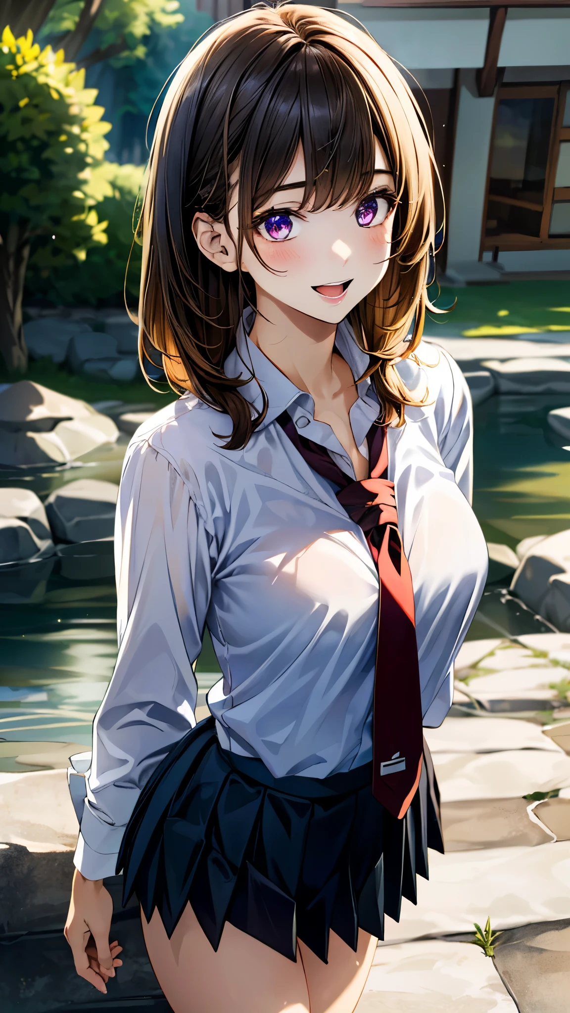 (masterpiece:1.3, top-quality, ultra high res, ultra detailed), (realistic, photorealistic:1.4), beautiful illustration, perfect lighting, natural lighting, colorful, depth of fields, 
beautiful detailed hair, beautiful detailed face, beautiful detailed eyes, beautiful clavicle, beautiful body, beautiful chest, beautiful thigh, beautiful legs, beautiful fingers, 
looking at viewer, 1 girl, japanese, high school girl, perfect face, (perfect anatomy, anatomically correct), cute and symmetrical face, babyface, , shiny skin, 
(middle hair:1.5, straight hair:1.4, blonde hair), swept bangs, cliped bangs, dark purple eyes, long eye lasher, (medium breasts), slender, 
((collared white shirt, navy pleated skirt, dark red tie)), navy school socks, , 
(beautiful scenery), evening, (hot spring town), standing, hands on chest, (seductive smile, open mouth), 