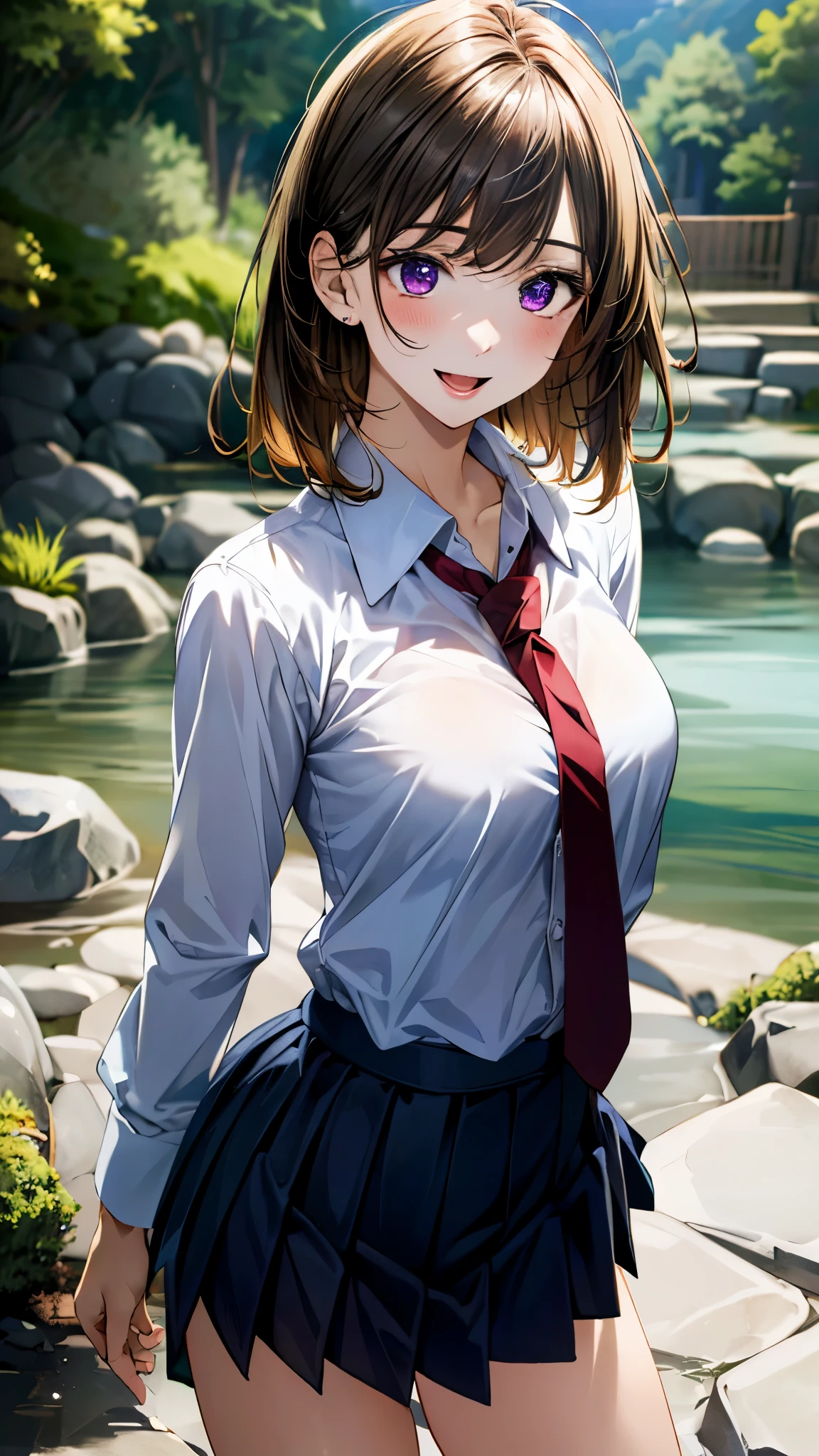 (masterpiece:1.3, top-quality, ultra high res, ultra detailed), (realistic, photorealistic:1.4), beautiful illustration, perfect lighting, natural lighting, colorful, depth of fields, 
beautiful detailed hair, beautiful detailed face, beautiful detailed eyes, beautiful clavicle, beautiful body, beautiful chest, beautiful thigh, beautiful legs, beautiful fingers, 
looking at viewer, 1 girl, japanese, high school girl, perfect face, (perfect anatomy, anatomically correct), cute and symmetrical face, babyface, , shiny skin, 
(middle hair:1.5, straight hair:1.4, blonde hair), swept bangs, dark purple eyes, long eye lasher, (medium breasts), slender, 
((collared white shirt, navy pleated skirt, dark red tie)), navy school socks, , 
(beautiful scenery), evening, (hot spring town), standing, hands on chest, (seductive smile, open mouth), 