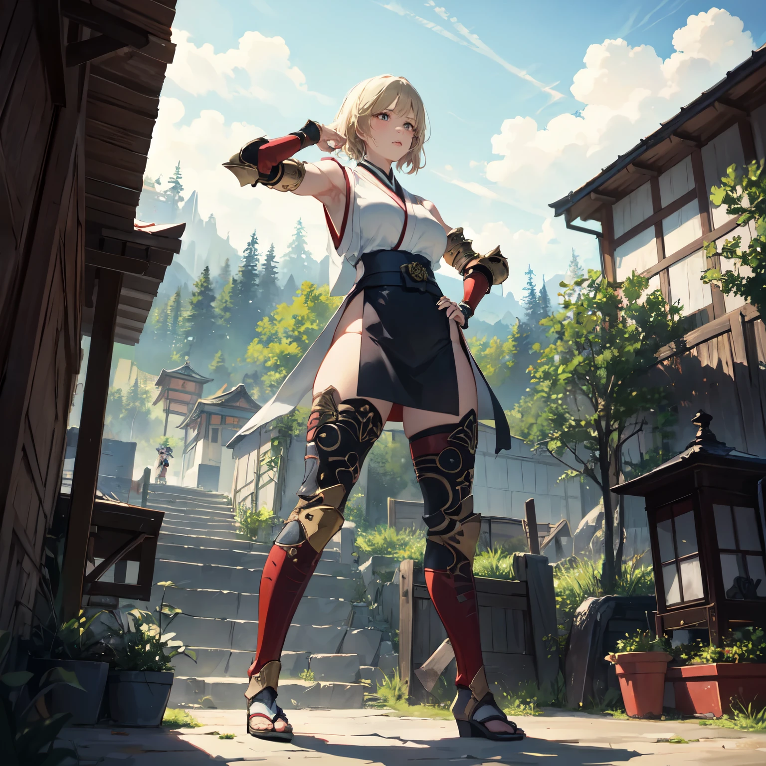 masterpiece, best quality, absurdres, perfect anatomy, 1girl, solo, Ashelia, short hair, blonde hair, (kunoichi), japanese armor, shoulder armor, standing, outdoors, japanese village, confident stance, dynamic angle, hand on hips,high kick