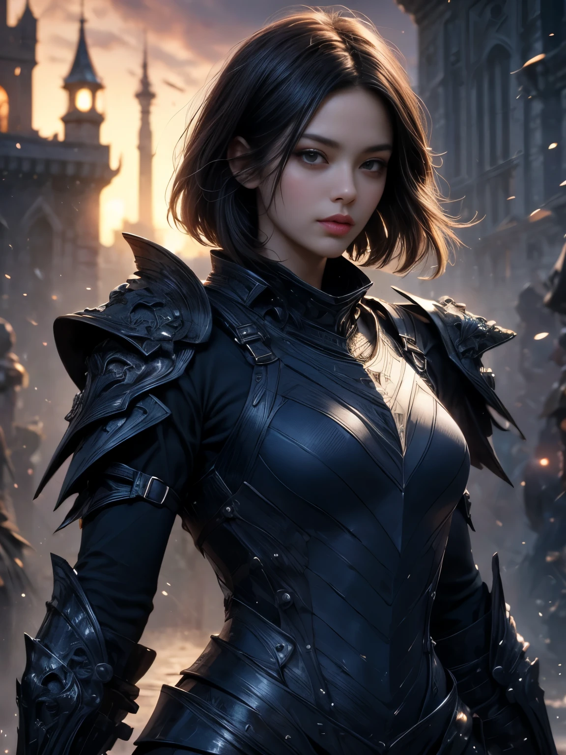 (((Best Quality))), ((Ultra-detailed)), (extremely detailed photo), ((extremely delicate and beautiful)),(Cute delicate face), ((masterpiece)), perfect anatomy, intricate, (highly detailed), masterpiece, photorealistic, (Tall and cool 36 year old boyish girl),(navy blue and black armor:1.3), ((Castle Town)) ,(upper body),(holding glowing sword),alone,(black hair and short hair),(dynamic pose:1.5), looking at viewer, double eyelid,delicate skin,slender body shape