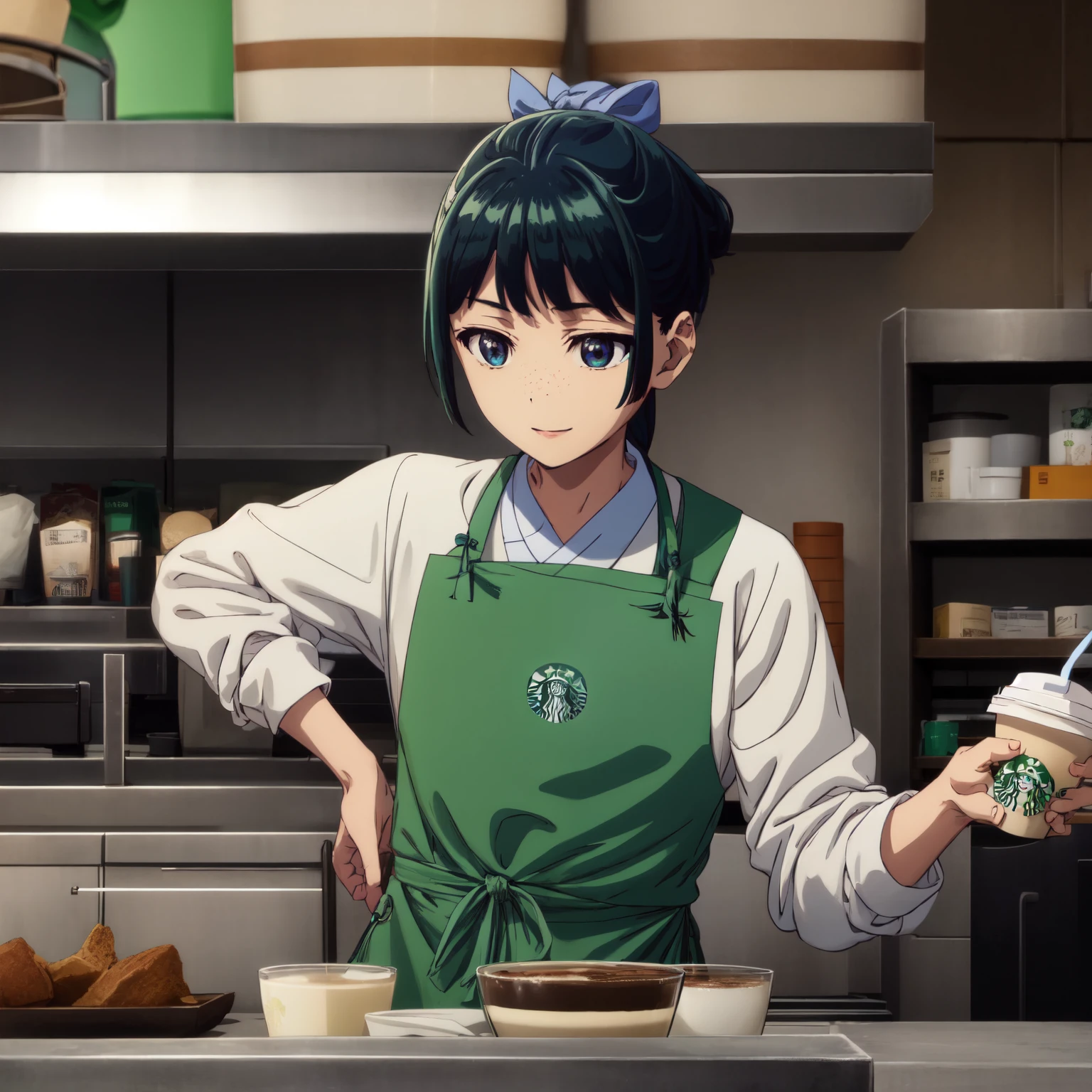 Are thin、green hairstyle,、Only one girl is in the picture、smile、solo shot、starbucks apron、starbucks work,white shirt、drinking coffee、