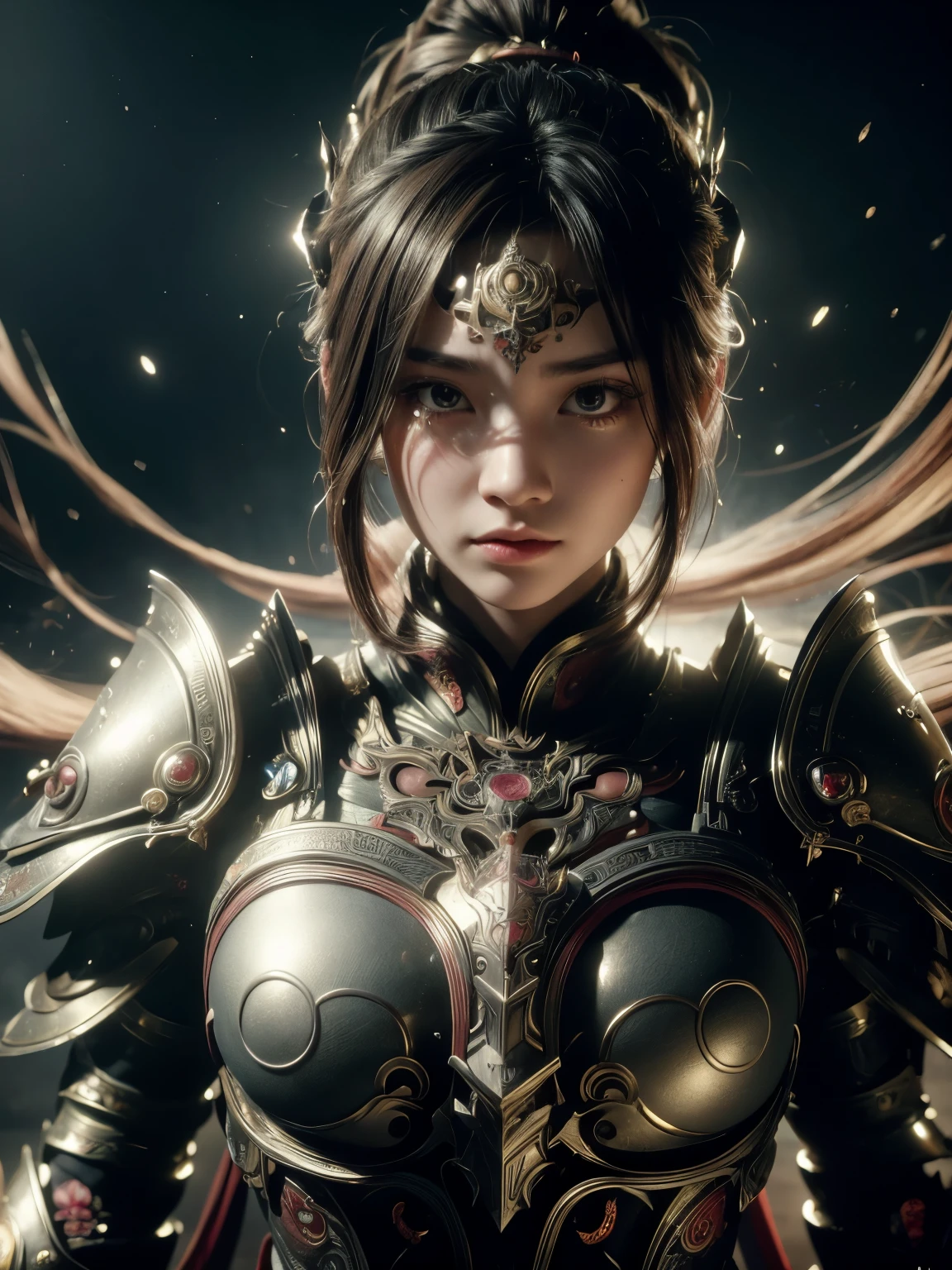 (high quality), (masterpiece), (detailed), 8K, Hyper-realistic portrayal of a resilient futuristic (1girl1.2), Japanese character adorned in intricate armor. Meticulous details capture the fusion of tradition and innovation, creating a visually stunning and powerful composition. Trending on Artstation.