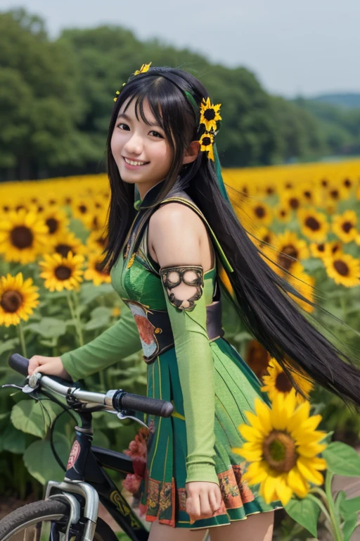 Guan Yinping, Black发, brown eyes, hair accessories, hair flower, Half body, Black, 上Half body，pretty face，Lovely，high school student，Smile，small dress，Cycling，Blue and green yellow，enthusiastic，Sunlight，grassland，Cosmos，sunflower