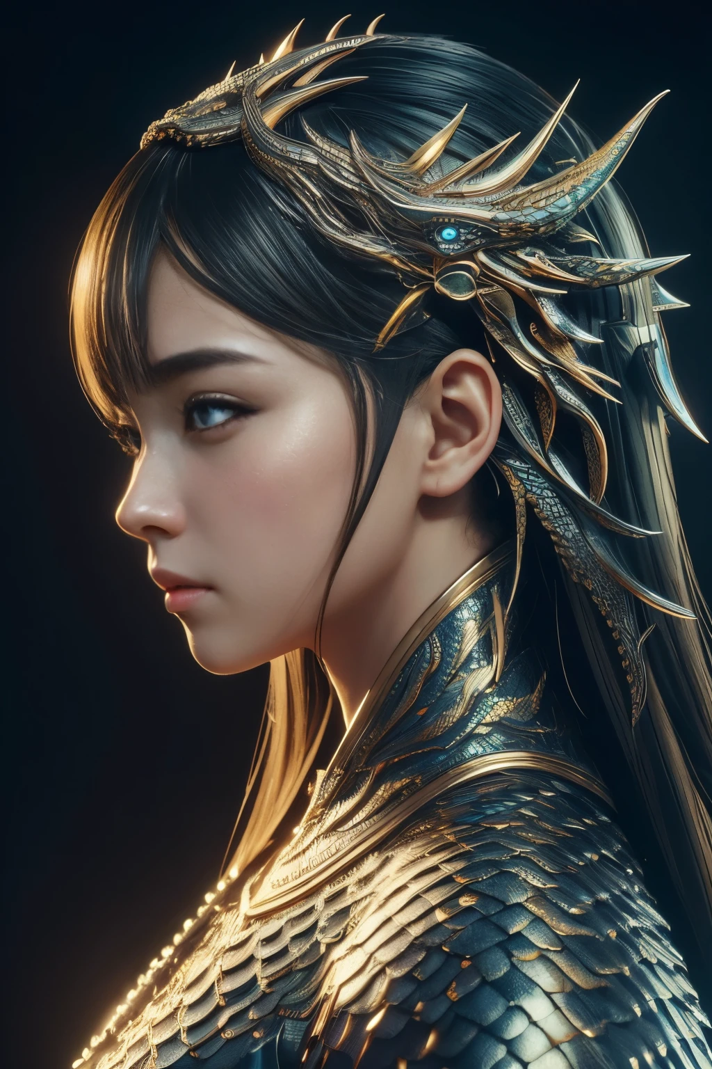 (alta qualidade), (obra de arte), (detalhado), 8K, Retrato hiper-realista de um mundo futurista (1menina1.2), Personagem japonês adornado com escamas de dragão. Detalhes meticulosos capturam a mistura perfeita de tradição e inovação nesta composição visualmente deslumbrante. tendências no artstation.