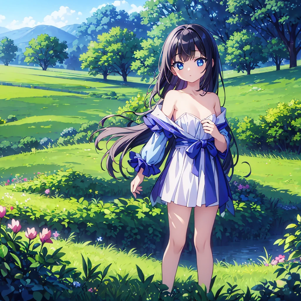 (masterpiece)、(highest quality)、(Completely naked)、(grassland)、(bright background)、(10 year old girl)、(1 person)、luster、shadow、small breasts、blue eyes、black hair